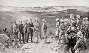 La reddition formelle de Bloefontein à Lord Roberts par M. Pappenfus, M. Kellner et M. Collins le 14 mars 1900, du livre Afrique du Sud et la guerre du Transvaal par Louis Creswicke, pub. 1900